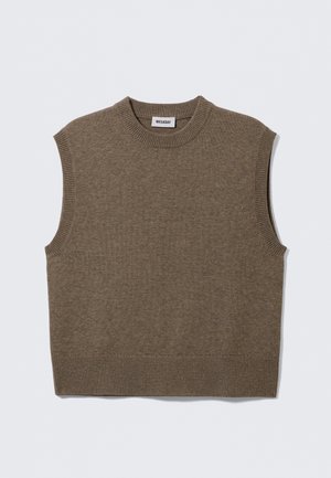 Smeđi prsluk od pletenine bez rukava s okruglim izrezom, rebrastim rubovima i mekanom teksturom; etiketa glasi "WEEKDAY."