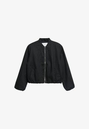 Czarna lekka kurtka bomber z elastycznym ściągaczem, długimi rękawami, zamkiem z przodu i bocznymi kieszeniami.