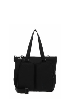 Schwarze Tote-Tasche mit zwei vorderen Reißverschlusstaschen, doppelten Griffen und einem verstellbaren Schulterriemen mit Metallverschlüssen.