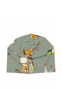 Puuvillapipo vaaleanharmaana, jossa on värikkäitä sarjakuvamaisia kuvioita eläimistä ja hahmoista. Suunniteltu taitetulla reunalla ja tarratiedolla.