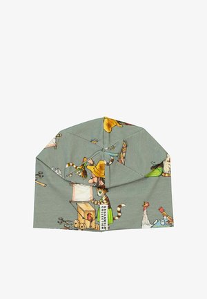 Puuvillapipo vaaleanharmaana, jossa on värikkäitä sarjakuvamaisia kuvioita eläimistä ja hahmoista. Suunniteltu taitetulla reunalla ja tarratiedolla.