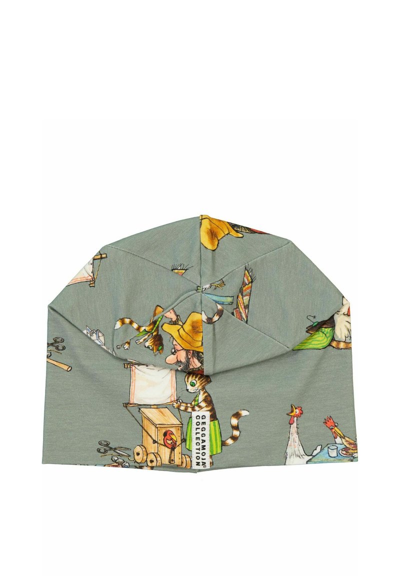 Puuvillapipo vaaleanharmaana, jossa on värikkäitä sarjakuvamaisia kuvioita eläimistä ja hahmoista. Suunniteltu taitetulla reunalla ja tarratiedolla.