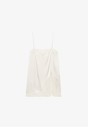 Biely hodvábny top na tenkých nastaviteľných ramienkach s kvetinovou čipkovou ozdobou na výstrihu a leme.