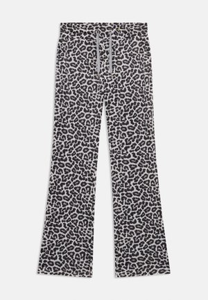 Leopardmønstret flagrende bukser i grå og sort, lavet af blødt stof. Har en elastisk talje med snor for justerbar pasform.