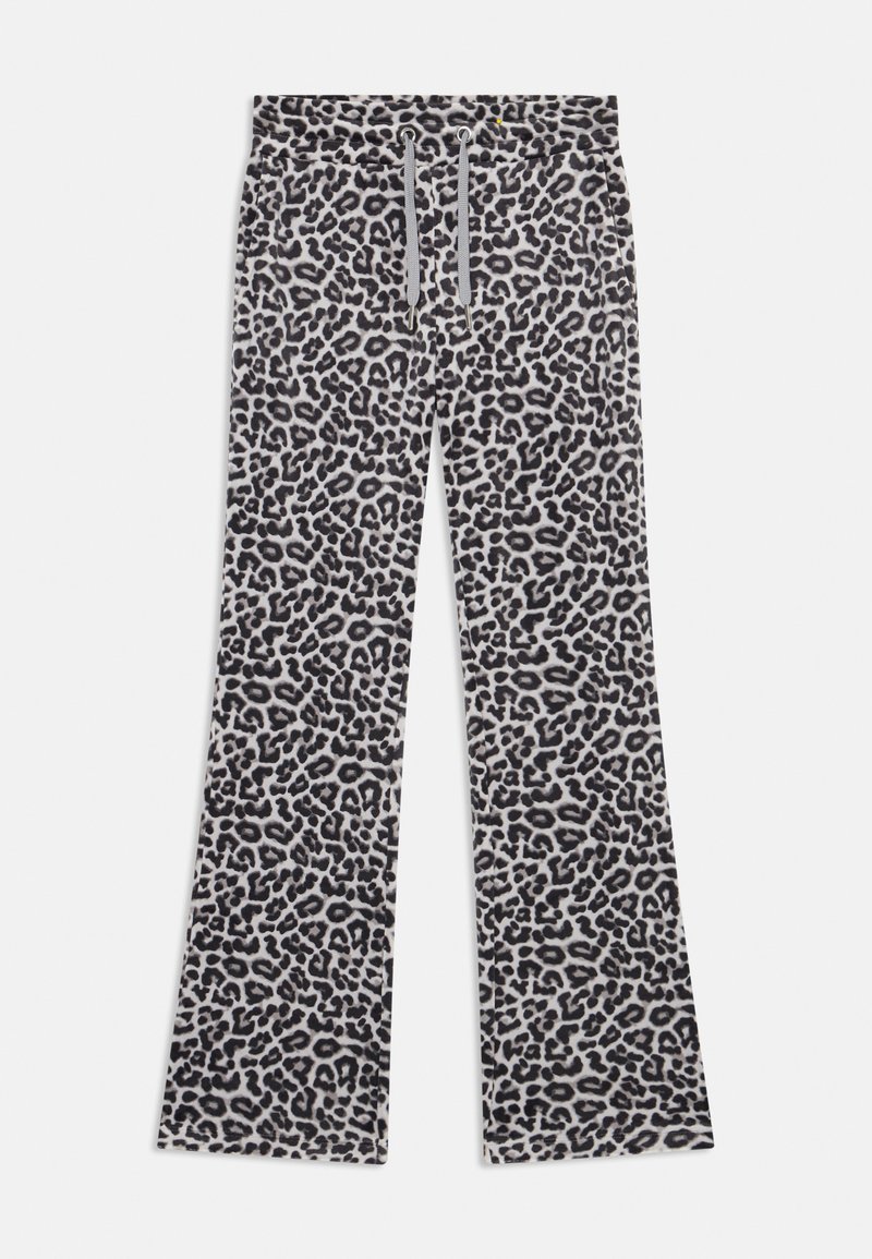 Spodnie w leopardzie w odcieniach szaro-czarnych, wykonane z miękkiego materiału. Posiadają elastyczny pasek w talii z sznurkiem do regulacji dopasowania.