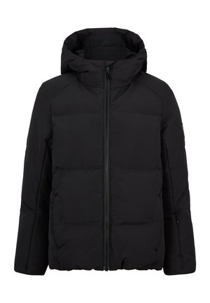 Schwarze gepolsterte Winterjacke mit Kapuze, Frontreißverschluss und langen Ärmeln, entworfen zum Schutz vor Kälte.
