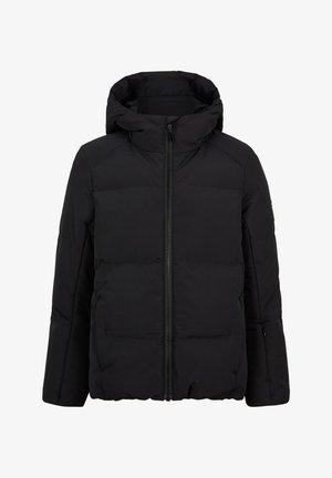 Schwarze gepolsterte Winterjacke mit Kapuze, Frontreißverschluss und langen Ärmeln, entworfen zum Schutz vor Kälte.