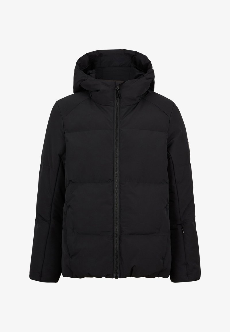 Schwarze gepolsterte Winterjacke mit Kapuze, Frontreißverschluss und langen Ärmeln, entworfen zum Schutz vor Kälte.