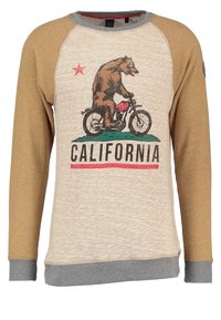 Ljusbrun och grå långärmad sweatshirt med en björn som cyklar i grafiken och texten "CALIFORNIA" framtill. Mjuk textur.