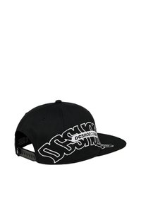 Black snapback cap made of cotton, featuring prominent white embroidered logo on the front and a plastic adjustable strap at the back.