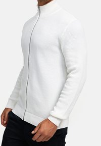 Valkoinen vetoketjullinen neule, jossa on teksturoitu hunajakenno-kuvio. Ominaisuuksiin kuuluu korkea kaulus ja ribattu hihansuu. Klassinen malli ja sileä vetoketjuyksityiskohta.