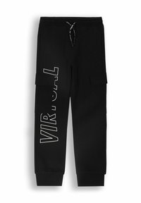 Czarne spodnie cargo z miękkiego materiału, z białym napisem "VIRTUAL" z boku, dwoma bocznymi kieszeniami i prążkowanymi mankietami na kostkach.