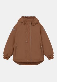 Brun huva jacka med avslappnad passform, elastiska manschetter, fickor med dragkedja och silverdetaljer på axlarna och dragkedjan.