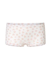 Boxer shorts in white cotton with a pattern of small, light pink hearts. Features an elastic waistband and smooth texture.