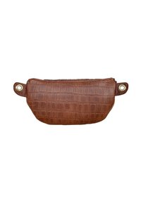 Brązowa skórzana torba z wzorem krokodyla, zaokrąglony kształt, zamek błyskawiczny i metalowe oczka po bokach do mocowania.