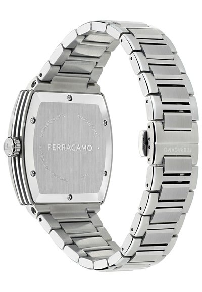 Négyzet alakú tokozású rozsdamentes acél karóra ezüstös tónusú felülettel. Láncszemes karkötővel és sima, kefélt textúrával rendelkezik.