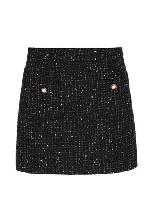 Černá tweedová sukně s texturovaným povrchem, vybavená dvěma předními kapsami a perlovými akcenty. Krátká délka s rovnou siluetou.