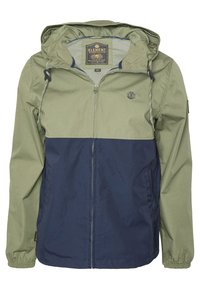 Lätt och tvåfärgad jacka med olivgrön överdel och marinblå underdel. Har huva, elastiska ärmslut och fickor fram.