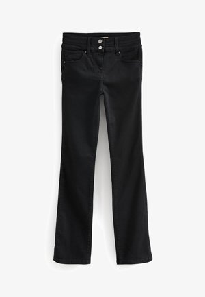 Musta denimi leveälahkeiset farkut, joissa on keski-korkea vyötärö, kaksi etutaskua ja kaksi takataskua, sekä hopeiset nappikiinnitykset. Sujuva pinta.