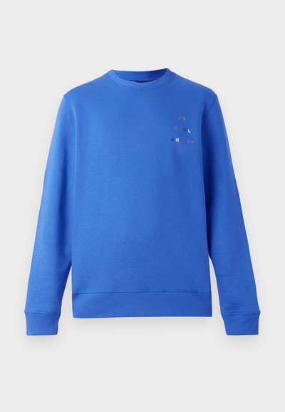 Sweatshirt bleu à col rond, avec des poignets et un ourlet côtelés. Présente un logo multicolore "Paul Smith" en haut à gauche. Texture lisse.