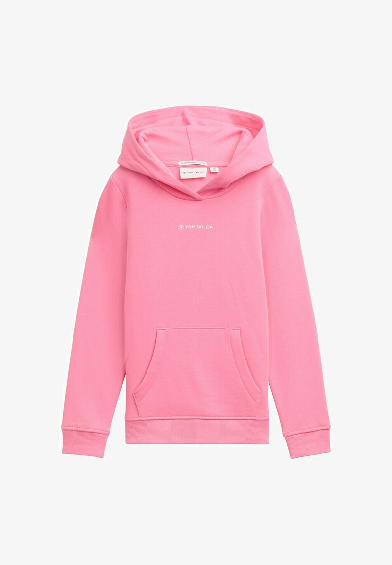 Roze hoodie gemaakt van zachte stof, met een buidelzak, geribbelde manchetten en een logo op de borst. Klassiek pulloverontwerp met een capuchon.