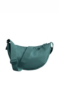 Borsa a spalla teal realizzata in tessuto liscio. Forma curva con chiusura a zip e tracolla regolabile. Design minimalista senza motivi visibili.