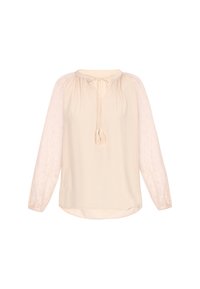Beige blúz hosszú, áttetsző mintázott ujjakkal, ráncolt nyakkivágással, elöl csomóval és bojtokkal. Puha, könnyű anyag.