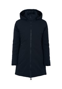 Manteau d'hiver long noir en duvet avec capuche, fermeture éclair à l'avant et poches zippées sur les côtés.