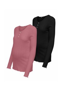 Pitkähihaiset äitiyspaidat vaaleanpunaisena ja mustana, joissa on ribbaus, pyöreät kaula-aukot, kolme nappia ja röyhelöhelmat.