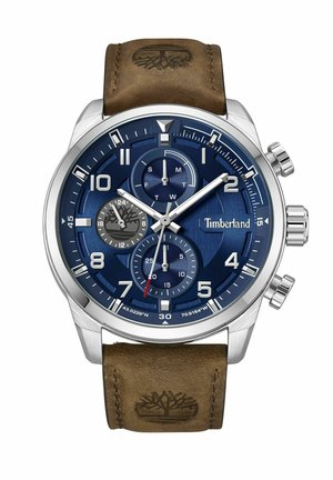 Orologio Timberland con quadrante blu, cassa in acciaio inossidabile, funzioni cronografo, cinturino in pelle marrone e logo impresso sul cinturino.