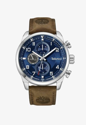 Orologio Timberland con quadrante blu, cassa in acciaio inossidabile, funzioni cronografo, cinturino in pelle marrone e logo impresso sul cinturino.