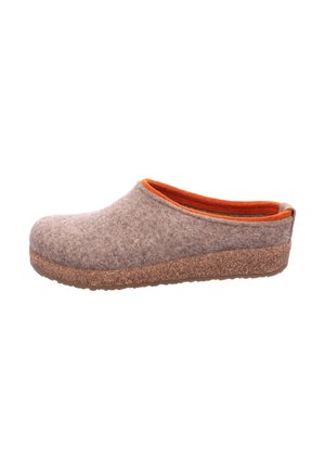 Slip-on clog-style slipper with textured brown sole, soft gray felt upper, and bright orange inner lining.