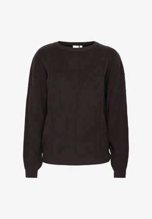 Pull noir en maille présentant un motif texturé, un col rond et des manches longues avec des poignets et un ourlet côtelés. Fabriqué en tissu doux.