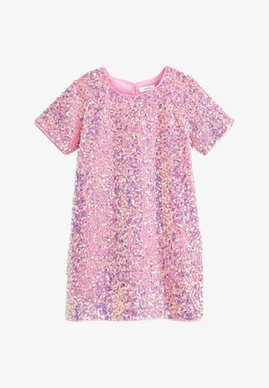 Robe rose recouverte de paillettes multicolores ; manches courtes, encolure ronde et tissu doux ; dotée d'une fermeture au dos pour un enfilage facile.