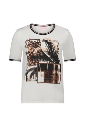 Chemise blanche à manches courtes avec col et manches rayés noir et marron, avec un imprimé abstrait de feuille de palmier et motif géométrique à l'avant.