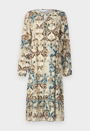 Printed long-sleeve dress in natural tones, featuring an abstract pattern of blue, brown, and orange. Round neckline with tie detail.