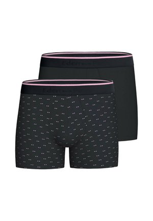 Deux paires de boxers noirs avec des tailles bordées de rose ; un uni noir, l'autre avec un petit motif à pois rose et blanc.