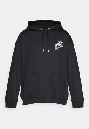 Black hoodie made of soft fabric with a kangaroo pocket, drawstring hood, and graphic print featuring a design on the chest.