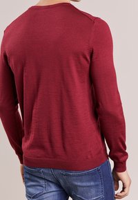 Röd stickad tröja med långa ärmar, rund halsringning och ribbad nederkant. Materialet verkar mjukt med en slät struktur och minimal detaljering.