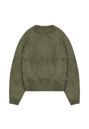 Olive green fuzzy sweater with a rounded neckline and ribbed hem. Features soft texture and a small logo accent near the bottom.