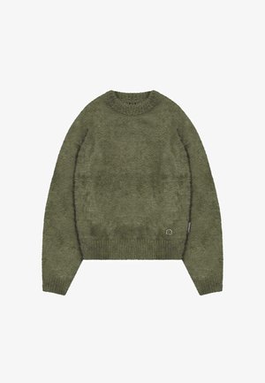 Olivgrüner, kuscheliger Pullover mit rundem Halsausschnitt und geripptem Saum. Verfügt über eine weiche Textur und ein kleines Logo-Detail nahe am Saum.