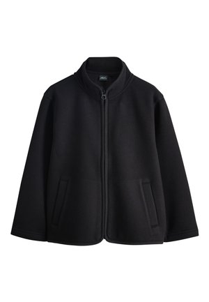 Schwarze Zip-Up-Jacke mit Stehkragen und zwei vorderen Schlitz-Taschen, für die Freizeit gedacht.