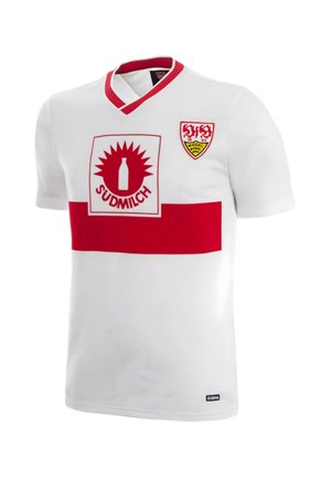Witte voetbalshirt met een rode horizontale streep, rood afgewerkte V-hals, Sudmilch-logo en Stuttgart clubwapen op de borst.