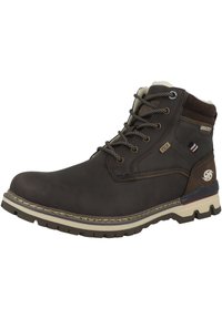 Botte de randonnée en cuir marron avec des accents gris, un col texturé, un design à lacets et une semelle en caoutchouc avec une bordure contrastante beige et rouge.