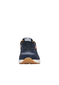 Navy blue sneaker with suede and mesh upper, round toe, lace-up front, and rubber sole. Features orange accents and logo on the tongue.