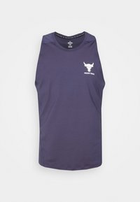 Ärmlös mörklila träningstopp med vit tjurhuvudlogotyp och texten "PROJECT ROCK" på bröstet.