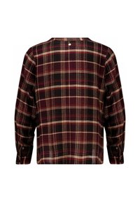 Chemise à carreaux rouge et noir à manches longues, avec un col rond et un petit détail de bouton au dos. Tissu en mélange de coton.