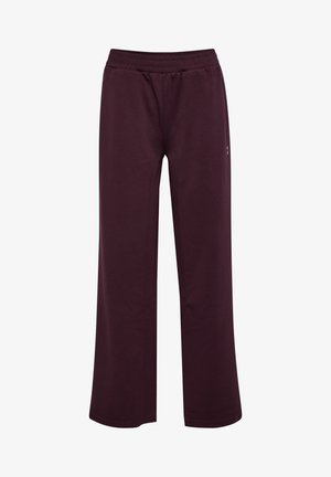 Vinröda sweatpants med vida ben, tillverkade av mjukt material, med elastisk midja och minimal branding på sidan.