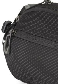 Black textured shoulder bag with diagonal weave pattern, featuring dual zippered compartments and gray hardware accents.