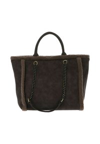 Bruine imitatieleren shoppers met pluche rand, dubbele handgrepen en kettingaccenten. Rechthoekige vorm, getextureerde buitenkant en zachte voering.